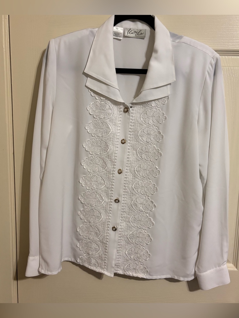 Kathy Che White High Collar Lace Applique` L/S Blouse Size 10 Vintage 90's